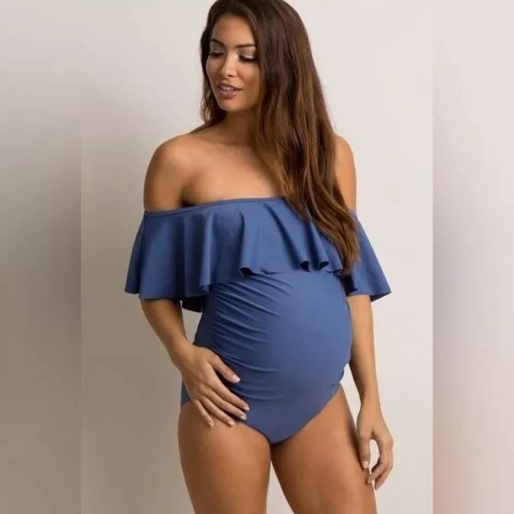 Pink blush maternity swim blue one piece